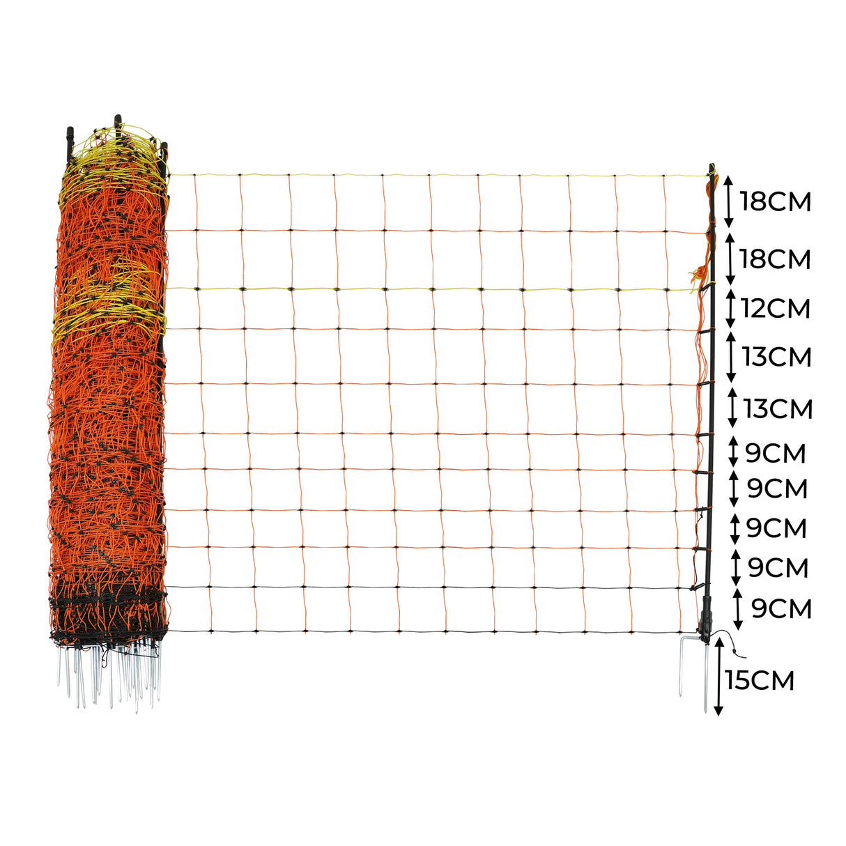 Rete elettrica per pollame lunga 50m, con maglie arancioni e gialli, altezza variabile da 9 a 18 cm, ideale per recinti sicuri