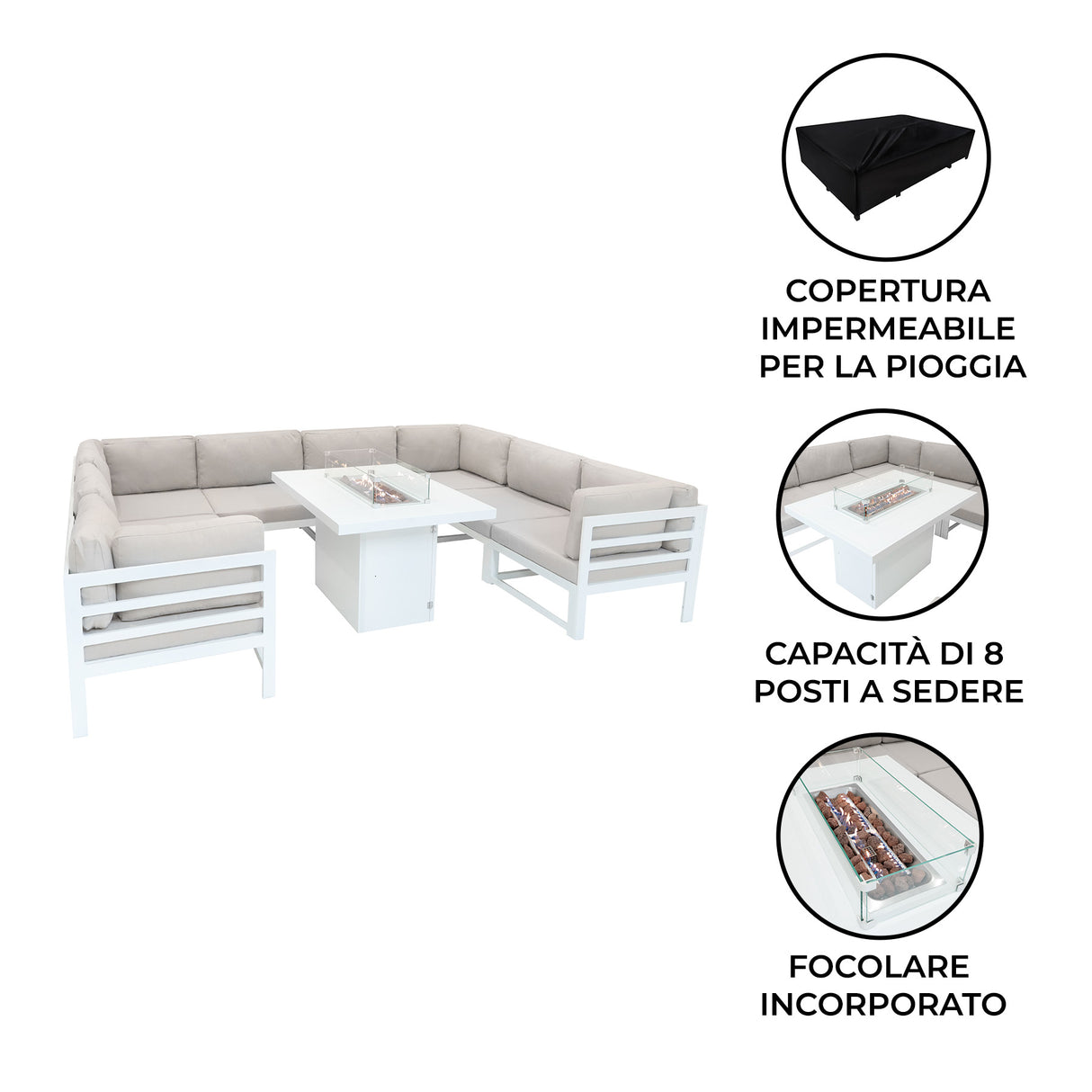 Set di Mobili da Giardino Modulari con Tavolo Braciere - Bianco