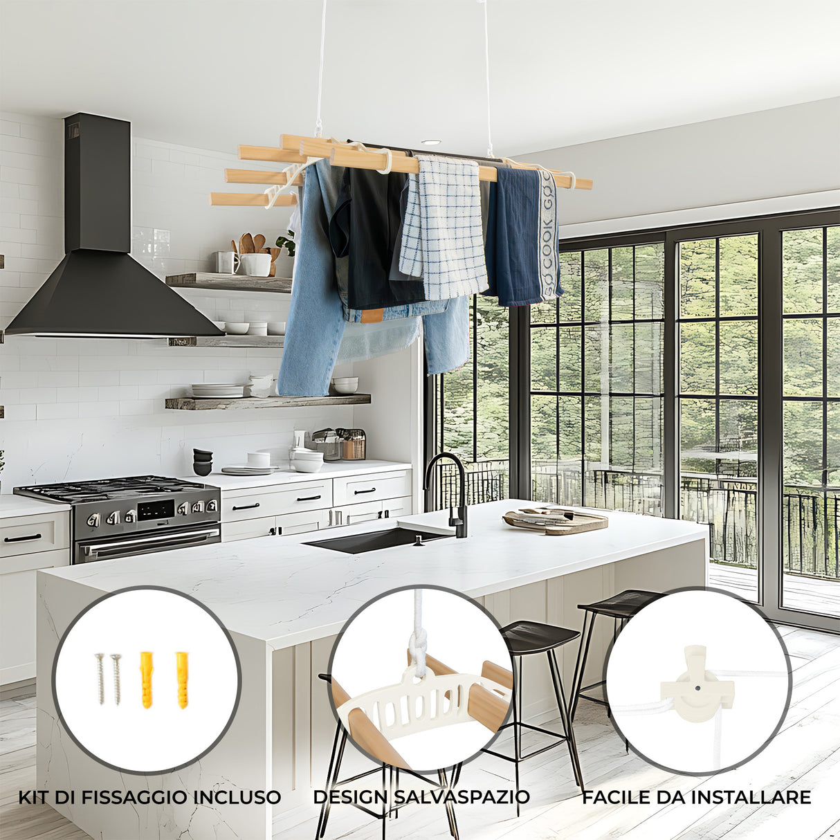 Stendibiancheria a Soffitto con Puleggia 6 Listelli 1,2m Avorio