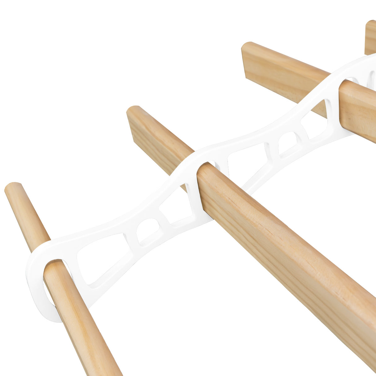 Stendibiancheria a soffitto con puleggia, struttura bianca in plastica e listelli in legno chiaro, design funzionale e moderno