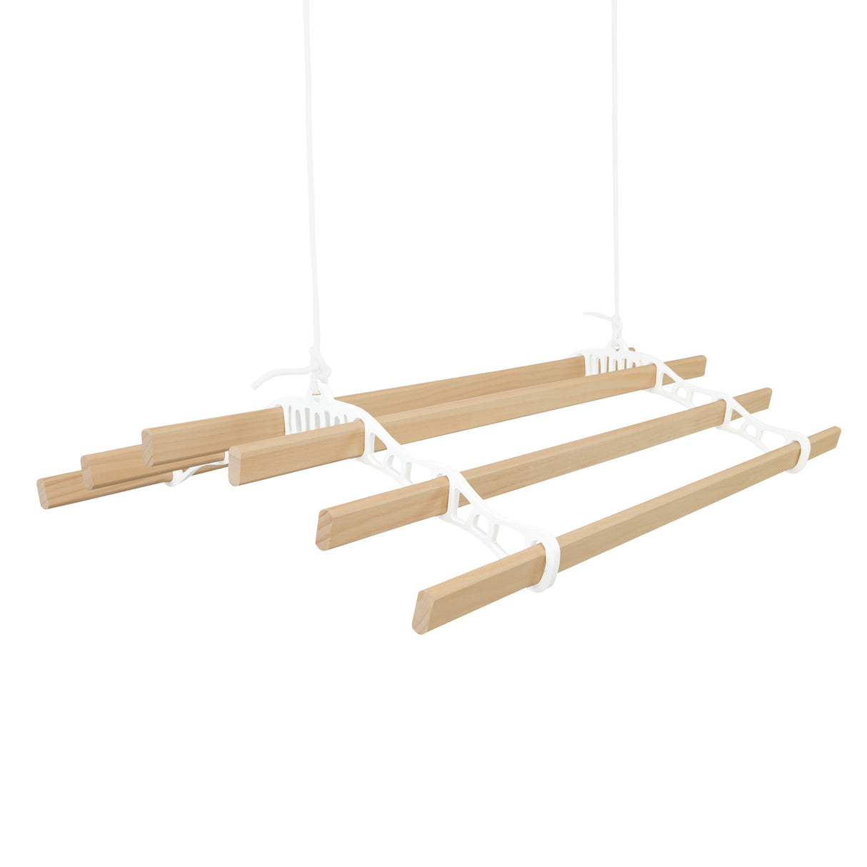 Stendibiancheria a soffitto con puleggia, 6 listelli in legno chiaro, struttura bianca, design pratico e salvaspazio di 0,9m
