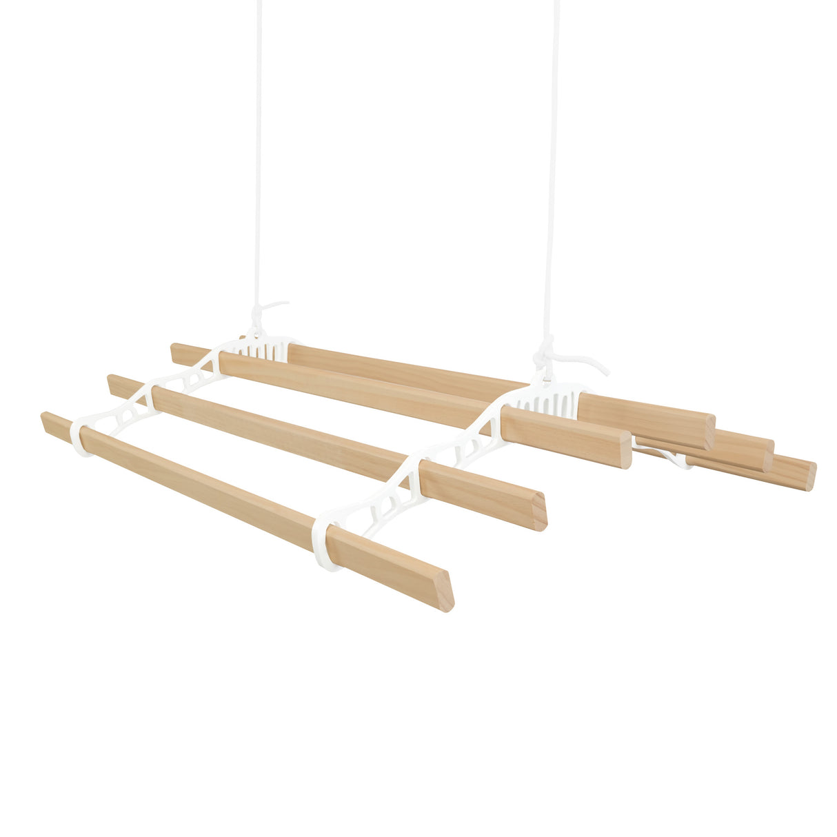 Stendibiancheria a soffitto bianco con 6 listelli in legno chiaro, design pratico e moderno per asciugare il bucato in spazi ridotti