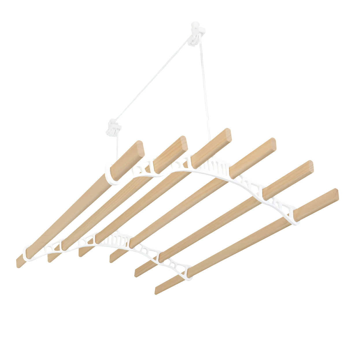 Stendibiancheria a soffitto bianco con puleggia, dotato di sei listelli in legno chiaro, design elegante e funzionale per asciugare i panni