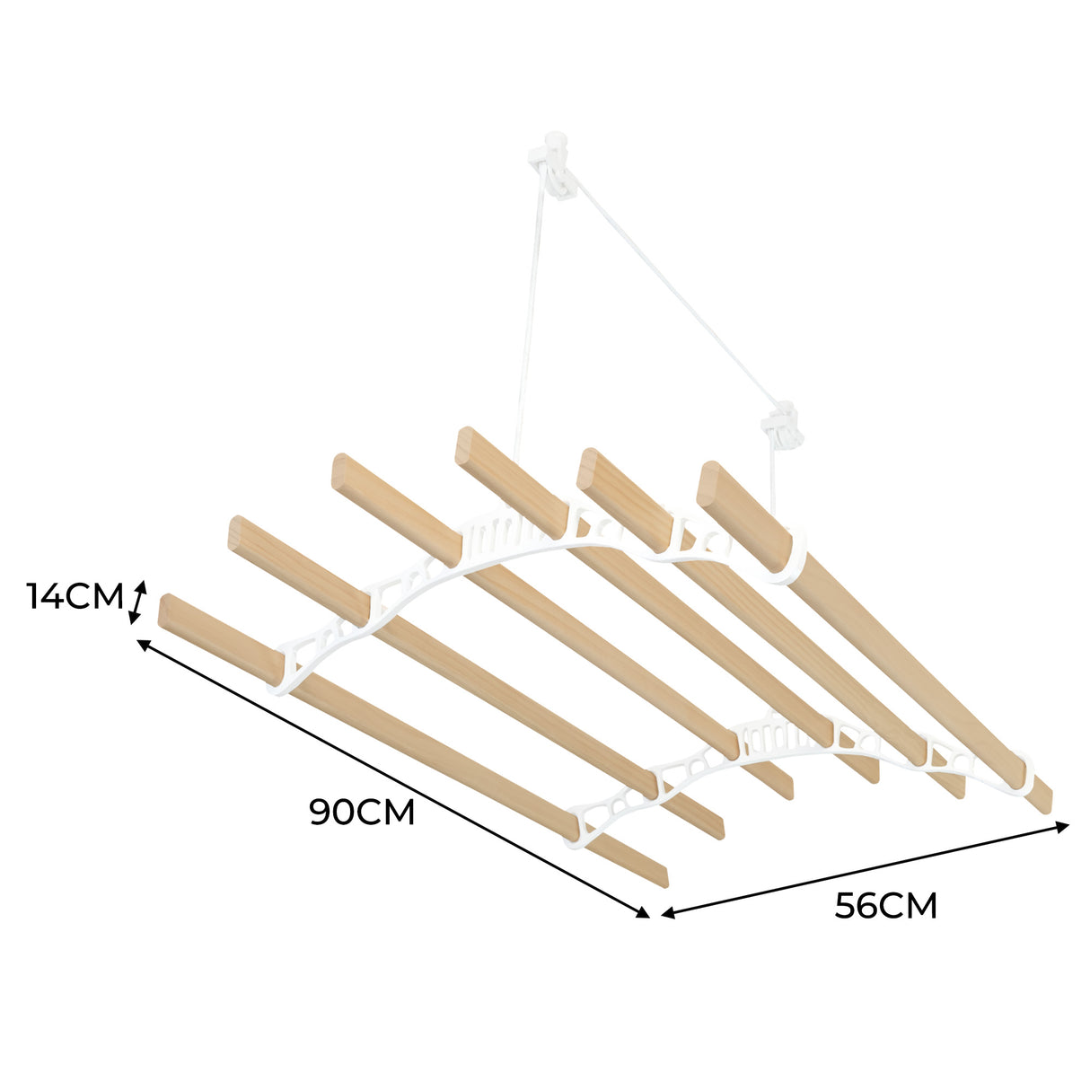 Stendibiancheria a soffitto bianco con puleggia e sei listelli in legno, misura 0,9m, design pratico e salvaspazio, ideale per asciugare biancheria