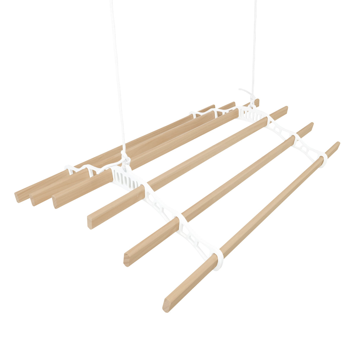 Stendibiancheria a soffitto bianco con puleggia, composto da sei listelli in legno chiaro, ideale per asciugare il bucato in spazi ridotti