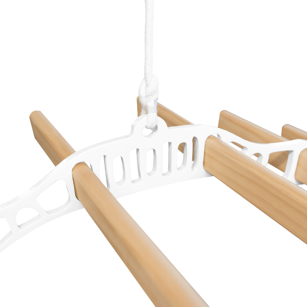 Stendibiancheria a soffitto bianco con puleggia, dotato di 6 listelli in legno chiaro, design funzionale e moderno per asciugare i panni