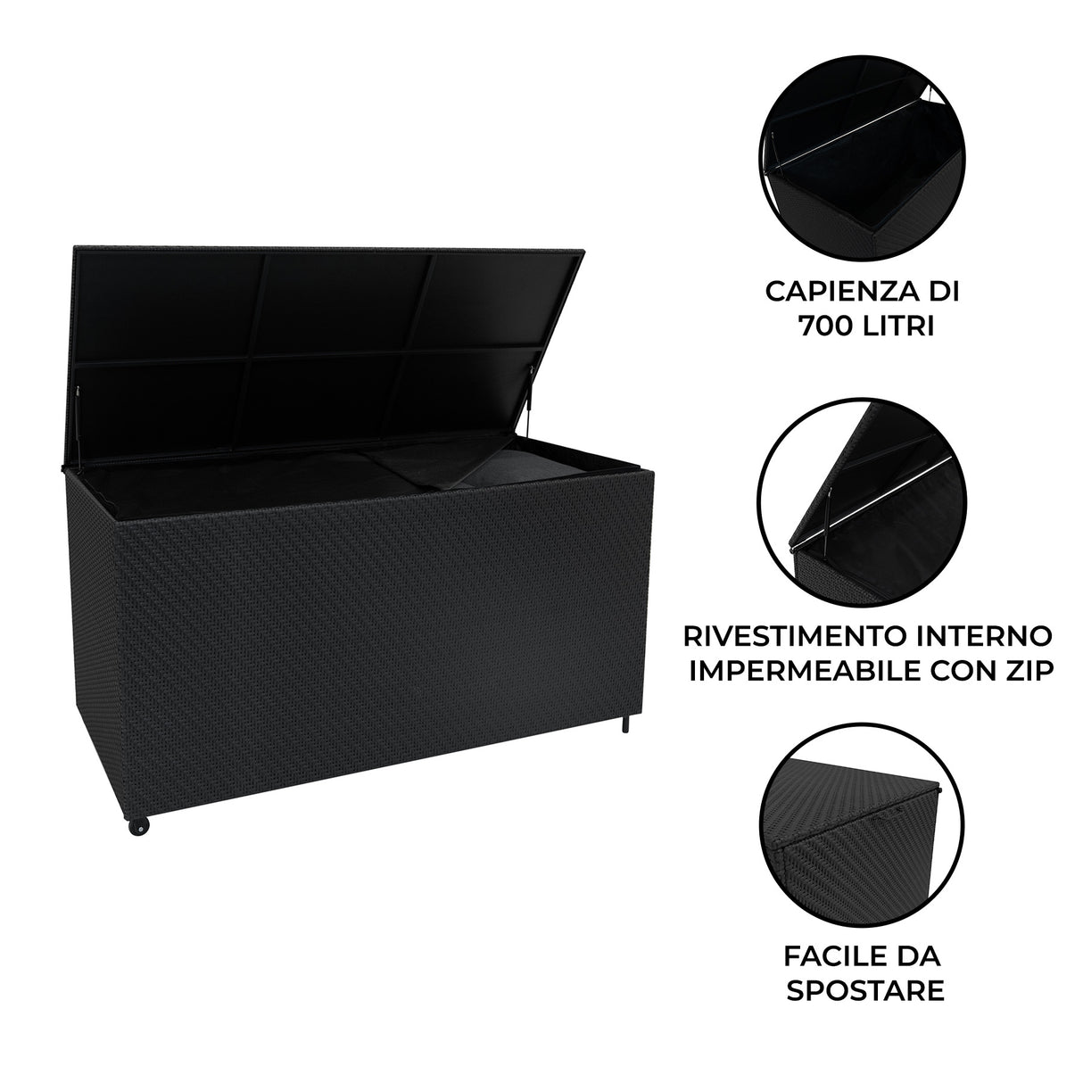 Baule in Rattan Nero 700L Per Esterno