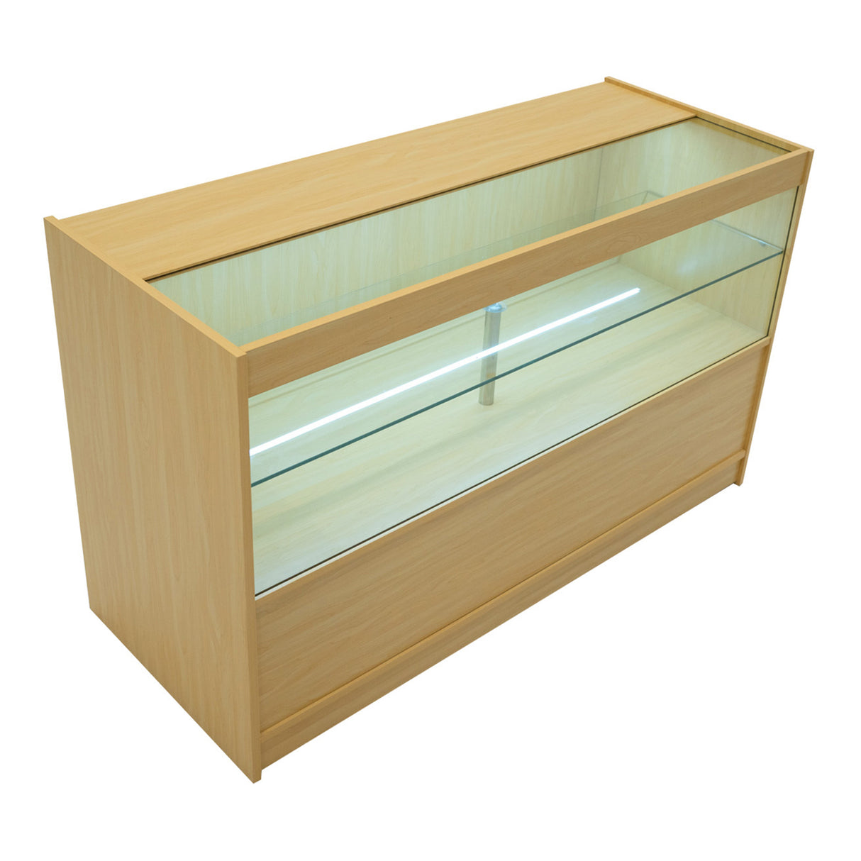 Bancone da negozio in legno d'acero con illuminazione LED, superficie liscia e trasparente, design moderno e funzionale