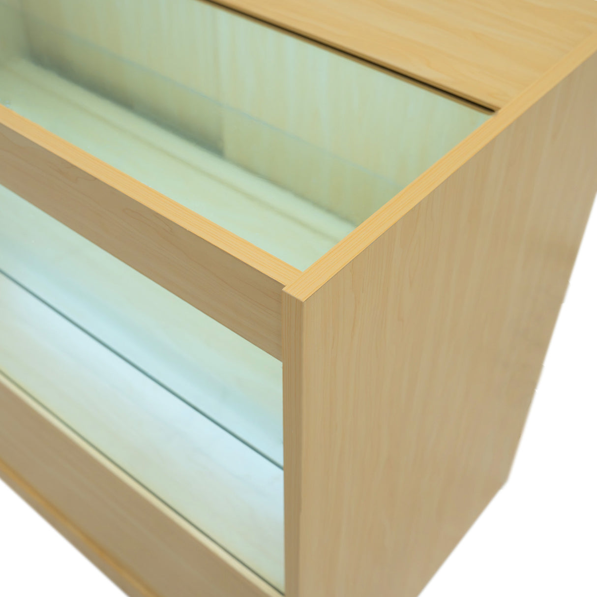Bancone da negozio LED C1500 in legno d'acero, con ripiani in vetro trasparente e illuminazione LED, design moderno e elegante