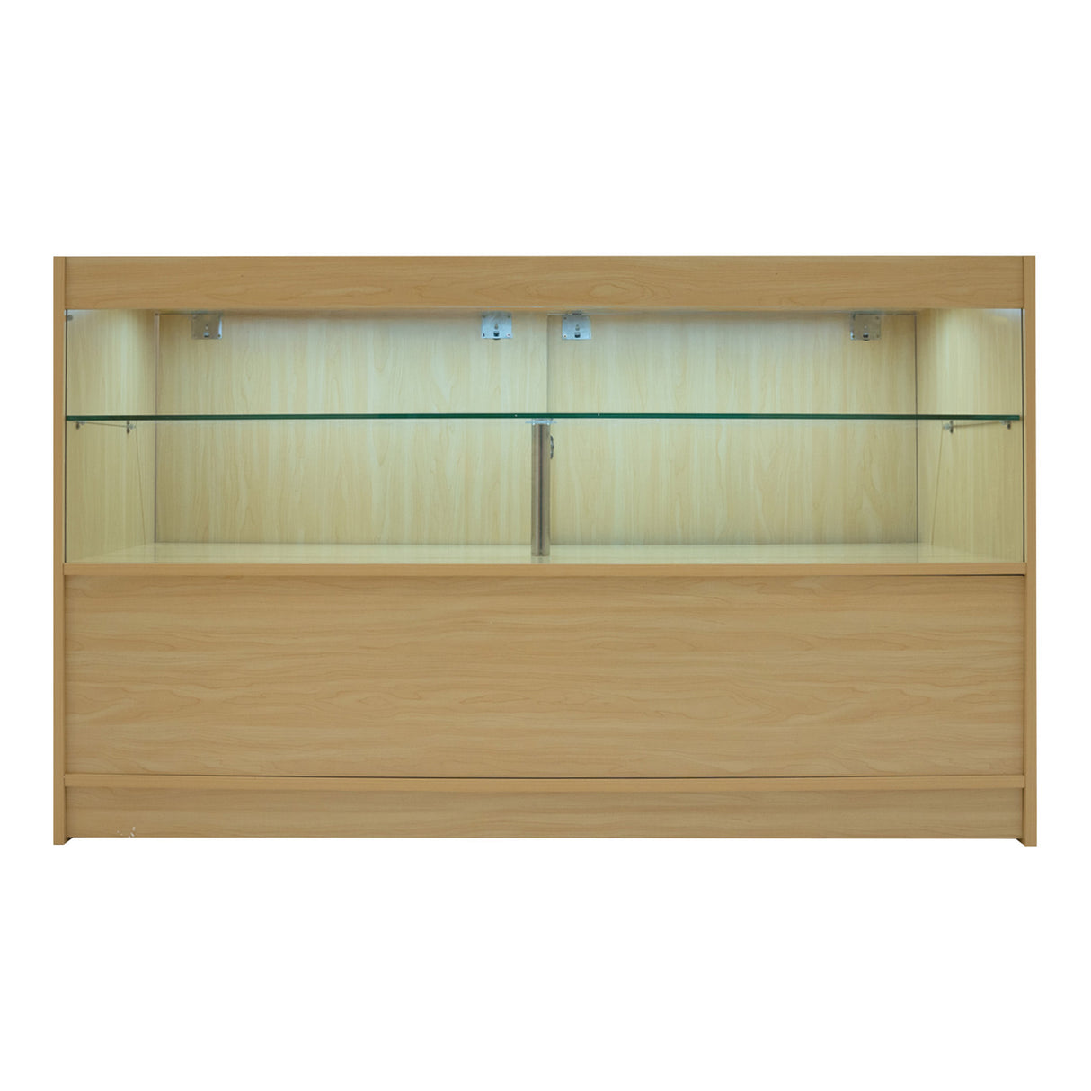 Bancone da negozio in legno d'acero chiaro, dotato di illuminazione LED, con ripiani in vetro trasparente e design moderno e funzionale