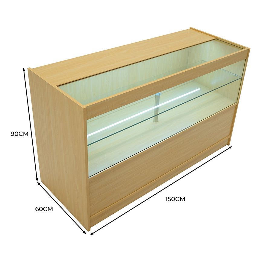 Bancone da negozio in legno d'acero, con illuminazione LED, superficie liscia, vetrina trasparente e cassetto inferiore, dimensioni 150x60x90 cm