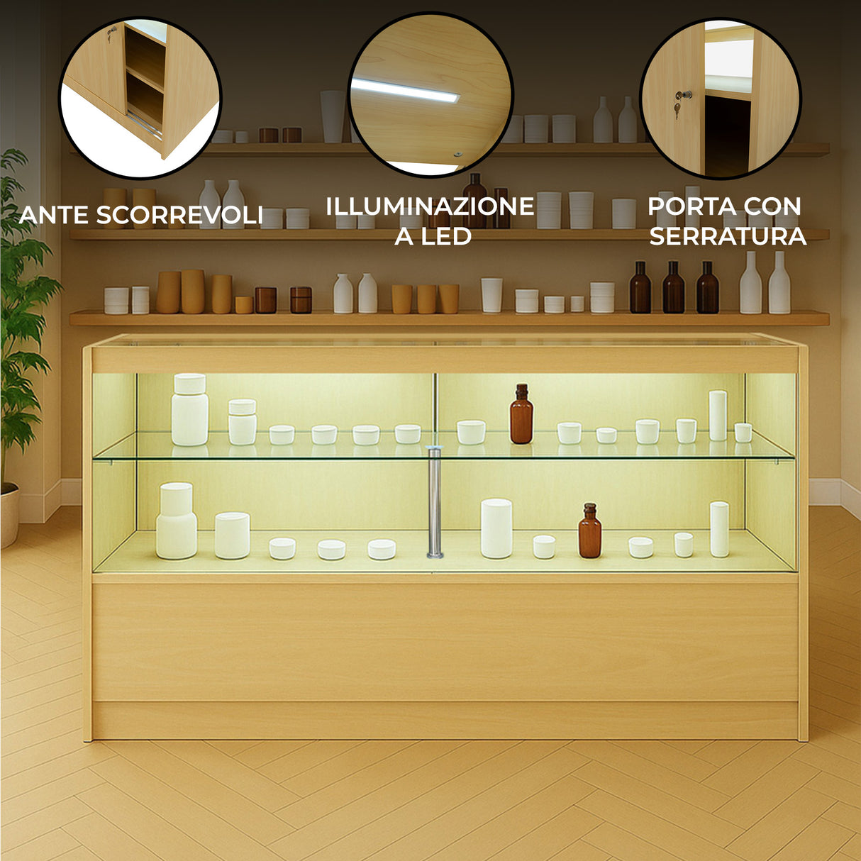 Bancone da negozio in legno d'acero con ante scorrevoli, illuminazione a LED e porta con serratura, ideale per esposizione prodotti