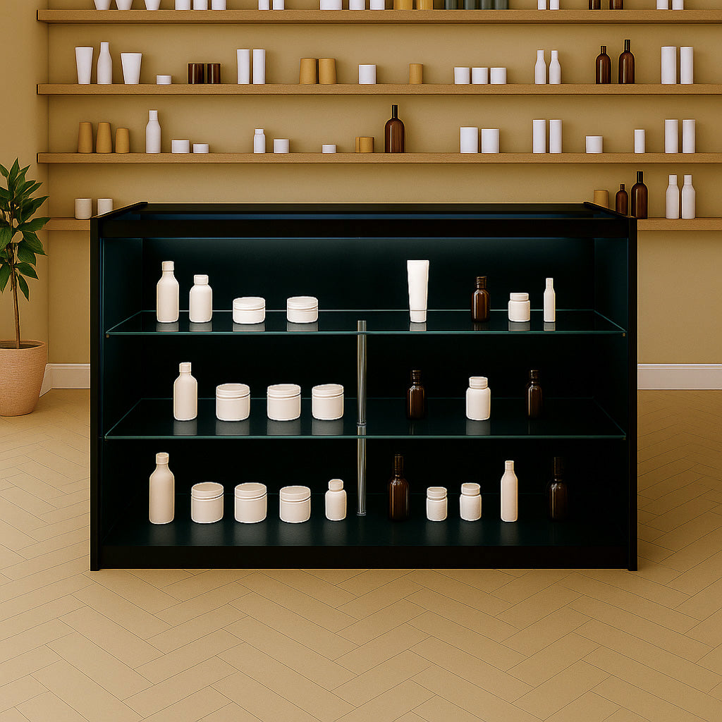 Bancone da negozio LED K1500 in nero con ripiani in vetro, espositivo per prodotti cosmetici, elegante e moderno