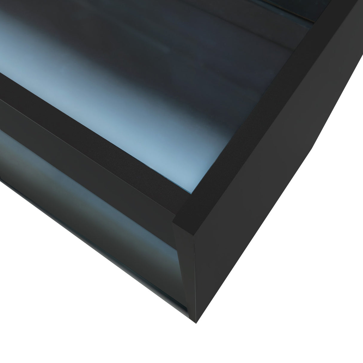 Bancone da negozio LED K1500 in nero, con superficie liscia e angoli arrotondati, illuminazione blu che crea un effetto elegante
