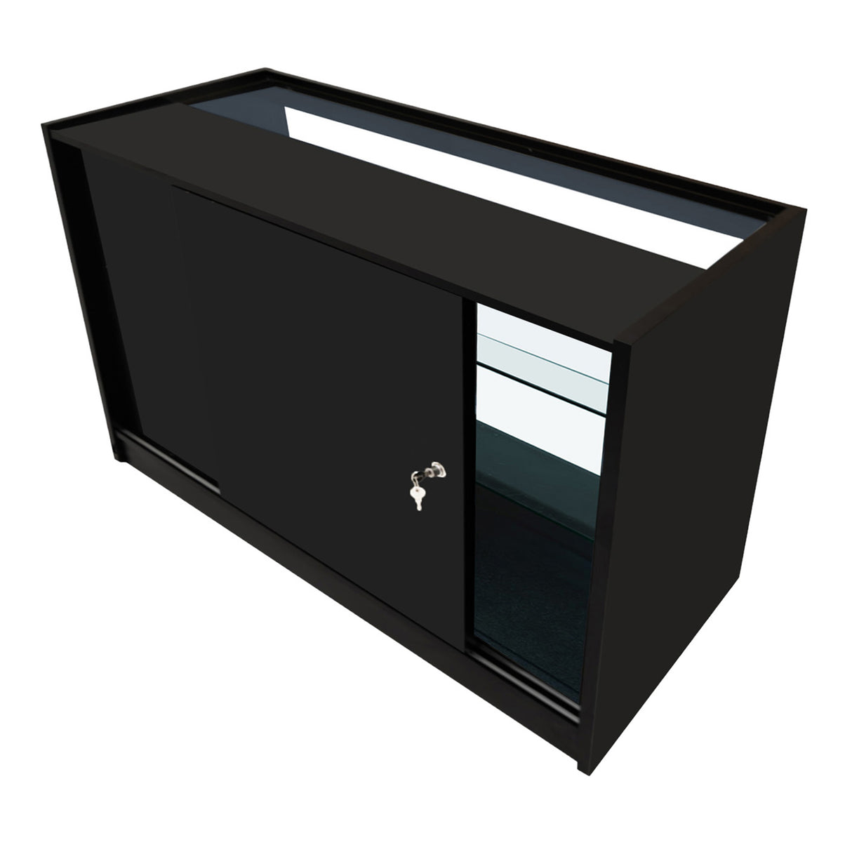 Bancone da negozio LED K1500 in nero, con finitura lucida, ante scorrevoli e illuminazione interna per esporre prodotti in modo elegante