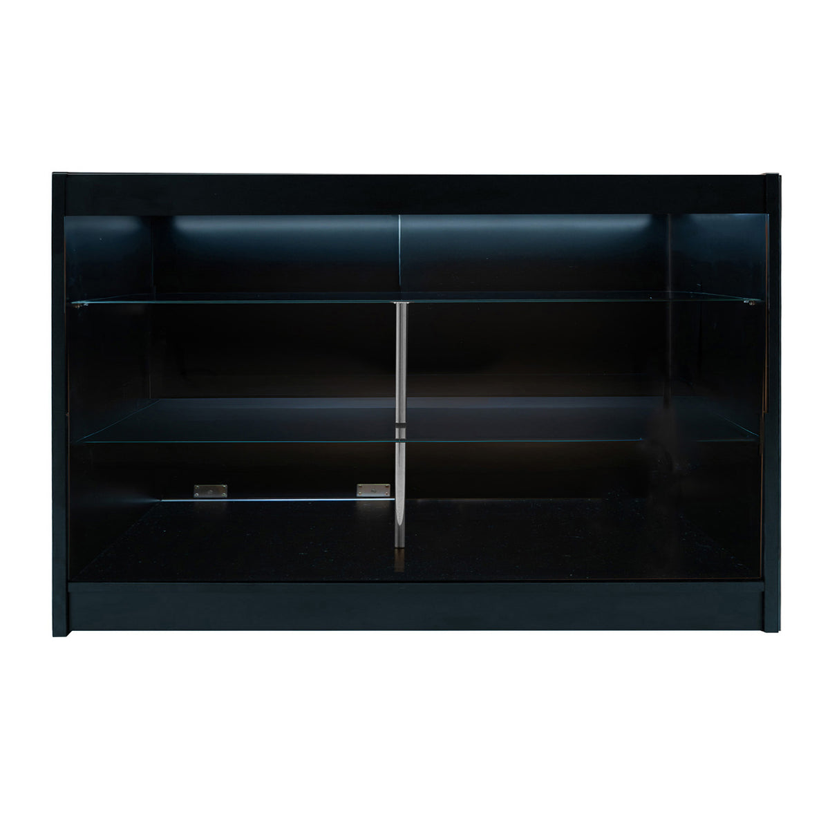 Bancone da negozio LED K1500 in nero, con ripiani in vetro trasparente e illuminazione LED per un design elegante e moderno