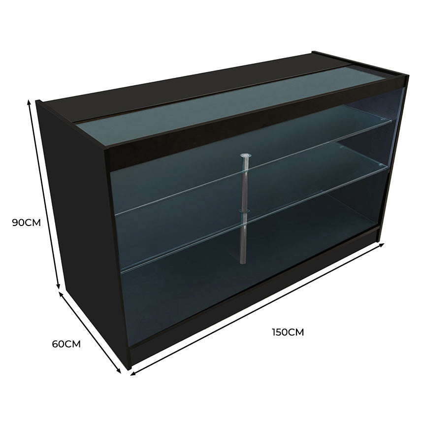 Bancone da negozio nero con ripiani in vetro, illuminazione LED, dimensioni 150x60x90 cm, design moderno e elegante