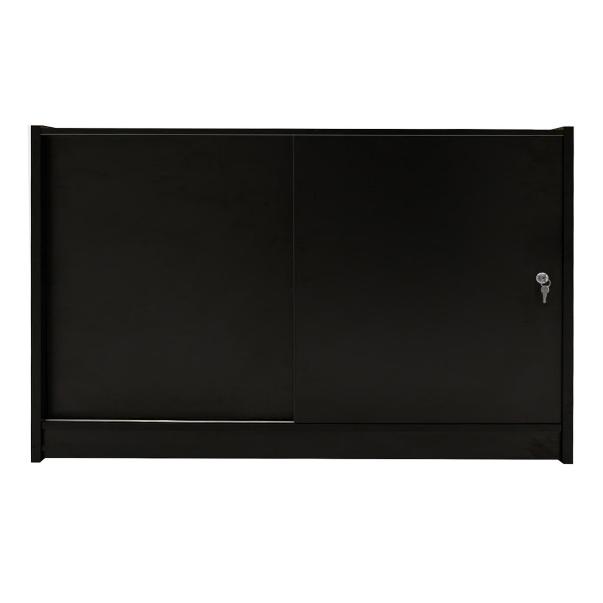 Bancone da negozio LED K1500 in nero, con finitura liscia, ante scorrevoli e chiave per sicurezza, ideale per esposizione prodotti