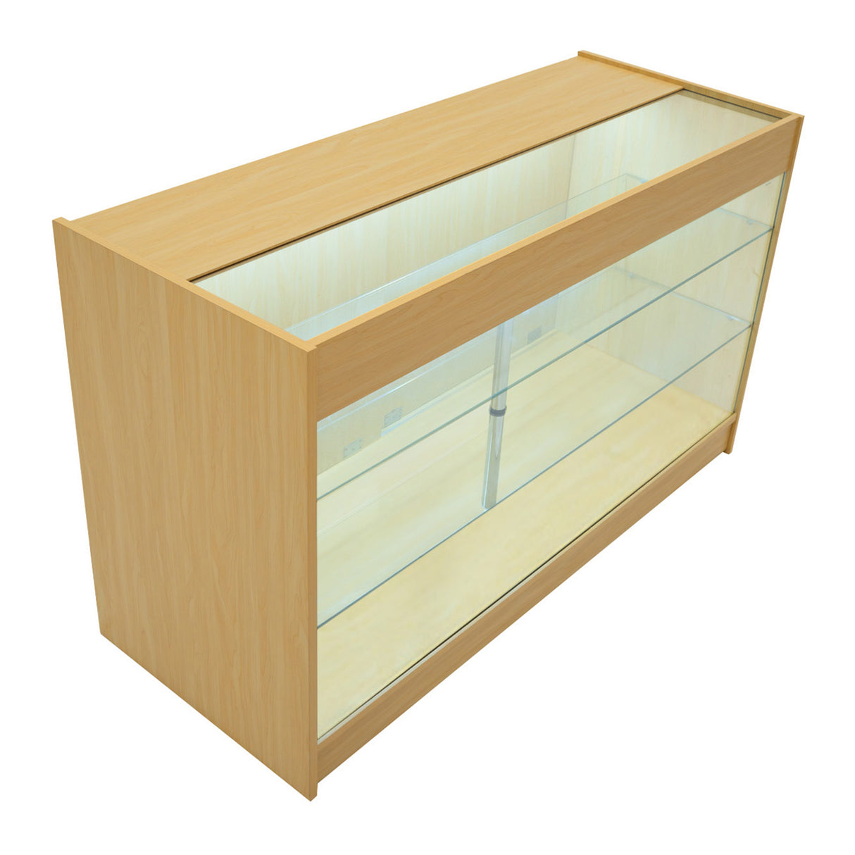 Bancone da negozio in legno d'acero con illuminazione LED, ripiani in vetro trasparente e design moderno e minimalista