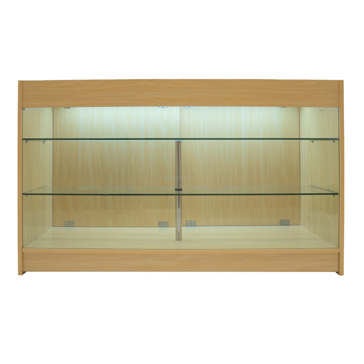 Bancone da negozio in legno d'acero con illuminazione LED, ripiani in vetro trasparente e finitura liscia e moderna