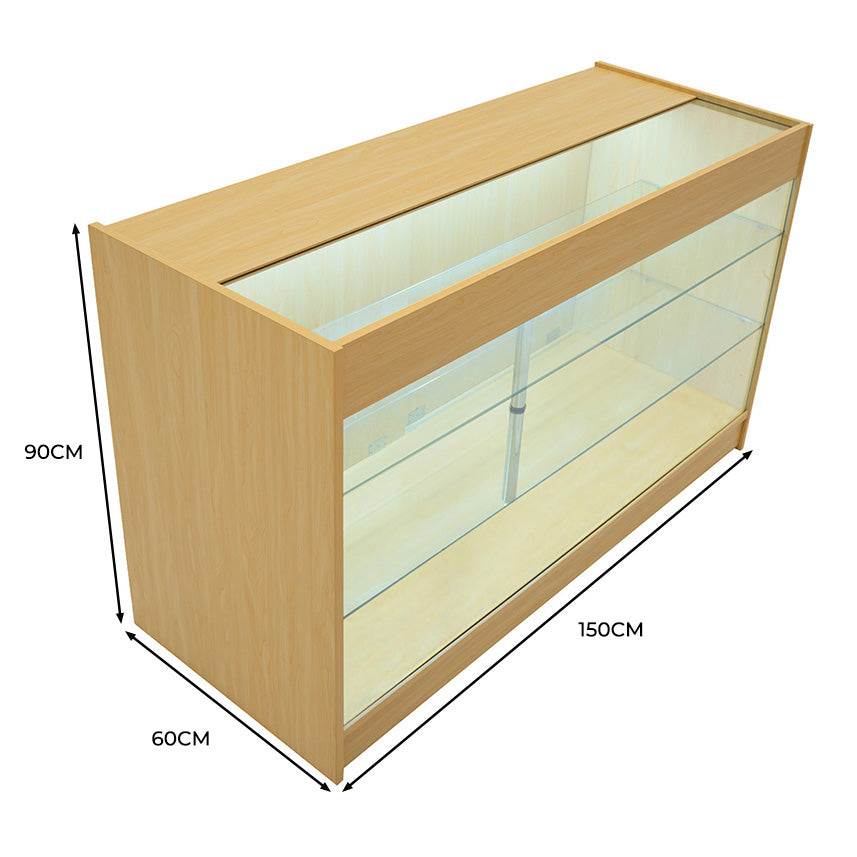 Bancone da negozio in legno d'acero con illuminazione LED, ripiani in vetro, dimensioni 150x60x90 cm, design moderno e funzionale