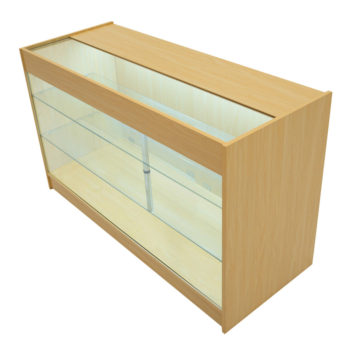 Bancone da negozio in legno d'acero chiaro con illuminazione LED, superficie liscia e ripiani in vetro trasparente per esposizione prodotti