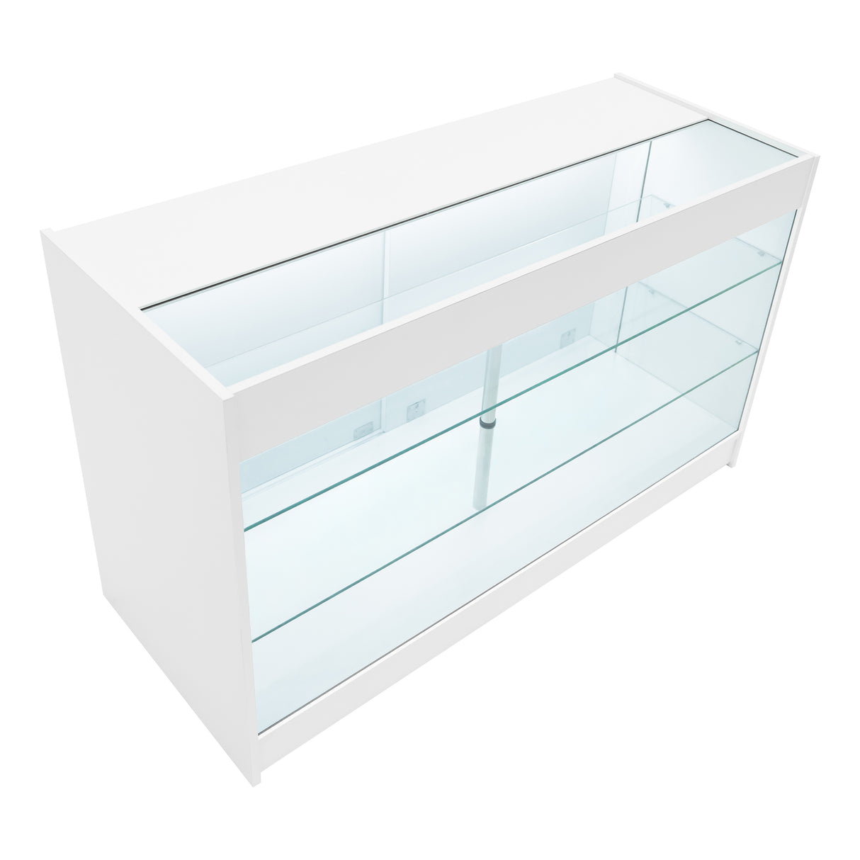 Bancone da negozio LED K1500 in bianco, con ripiani in vetro trasparente e illuminazione interna, design moderno e elegante