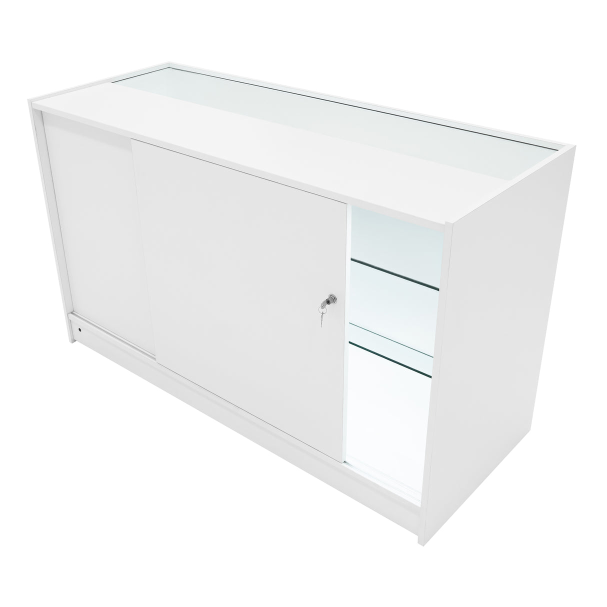 Bancone da negozio LED K1500 in bianco, con superficie liscia, ante scorrevoli e ripiani in vetro illuminati, design elegante e moderno