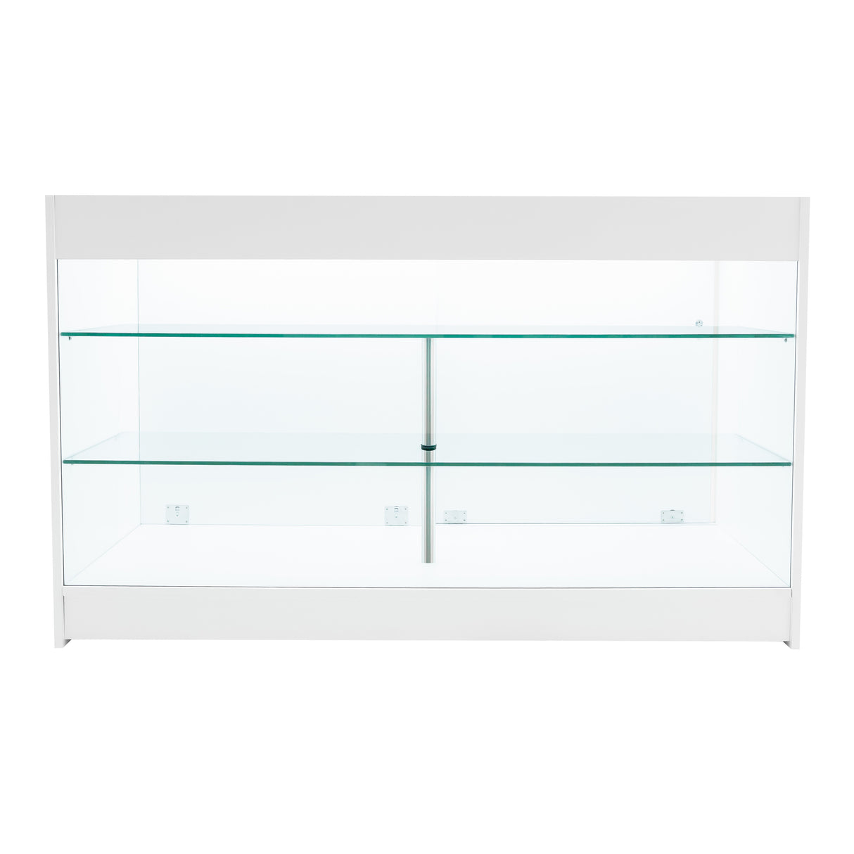 Bancone da negozio LED K1500 in bianco, con ripiani in vetro trasparente e illuminazione integrata per un'esposizione elegante