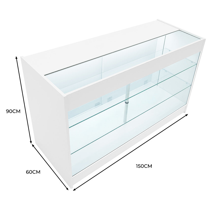 Bancone da negozio LED K1500 in bianco, con ripiani in vetro trasparente, design moderno e linee pulite, dimensioni 150x60x90 cm