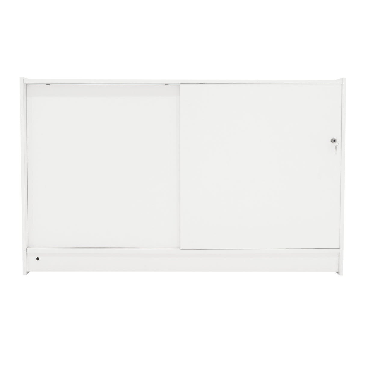 Bancone da negozio LED K1500 in bianco, con finitura liscia, ante scorrevoli e design moderno, ideale per esposizione e stoccaggio