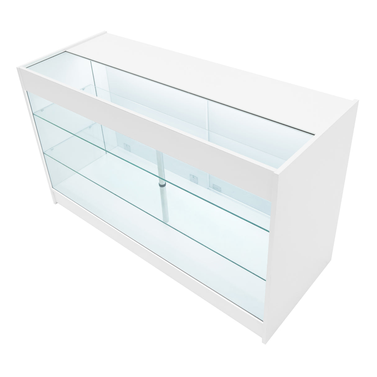 Bancone da negozio LED K1500 in bianco, con struttura moderna e ripiani in vetro trasparente, ideale per esposizione prodotti