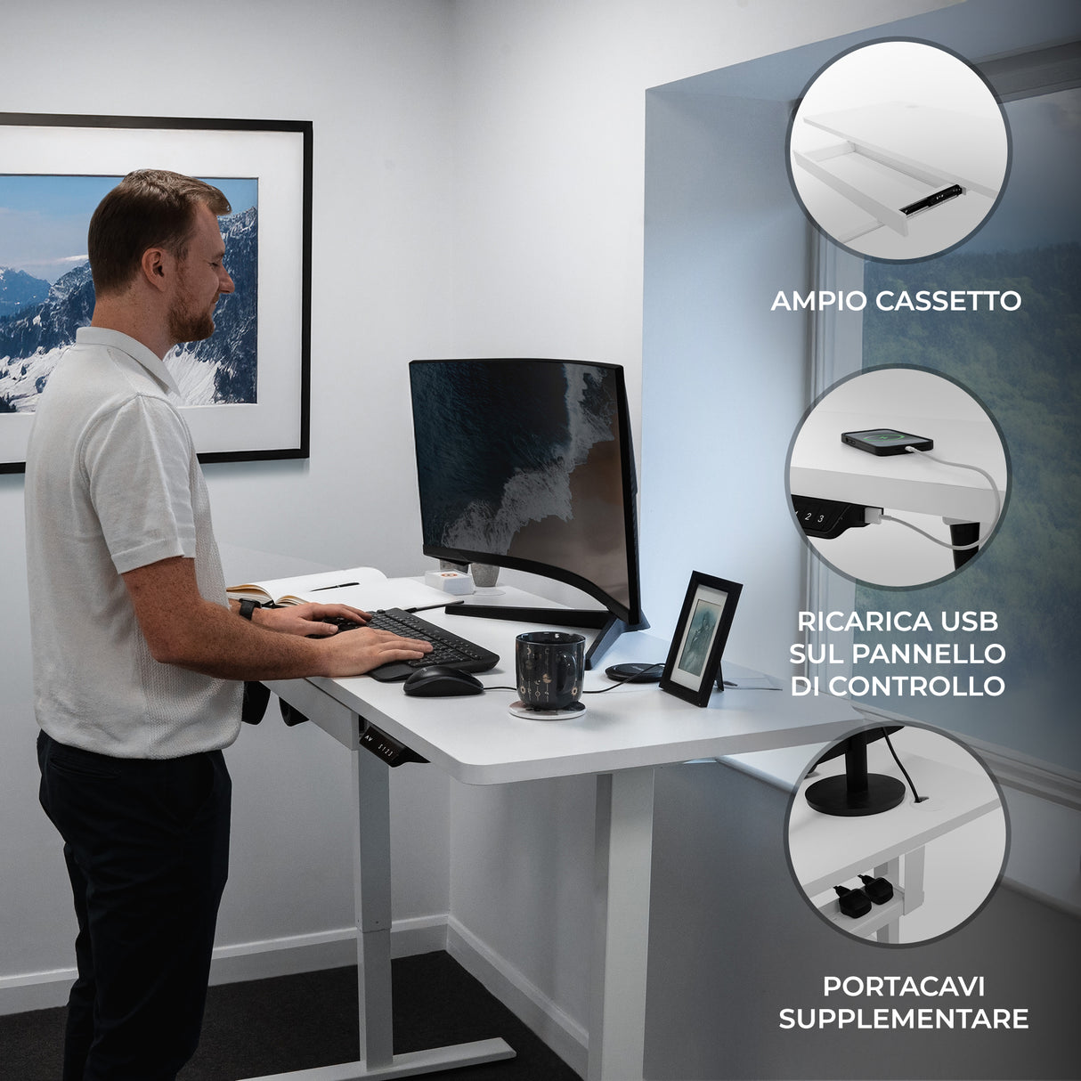 Scrivania Elettrica Regolabile con Cassetto - 140cm x 60cm