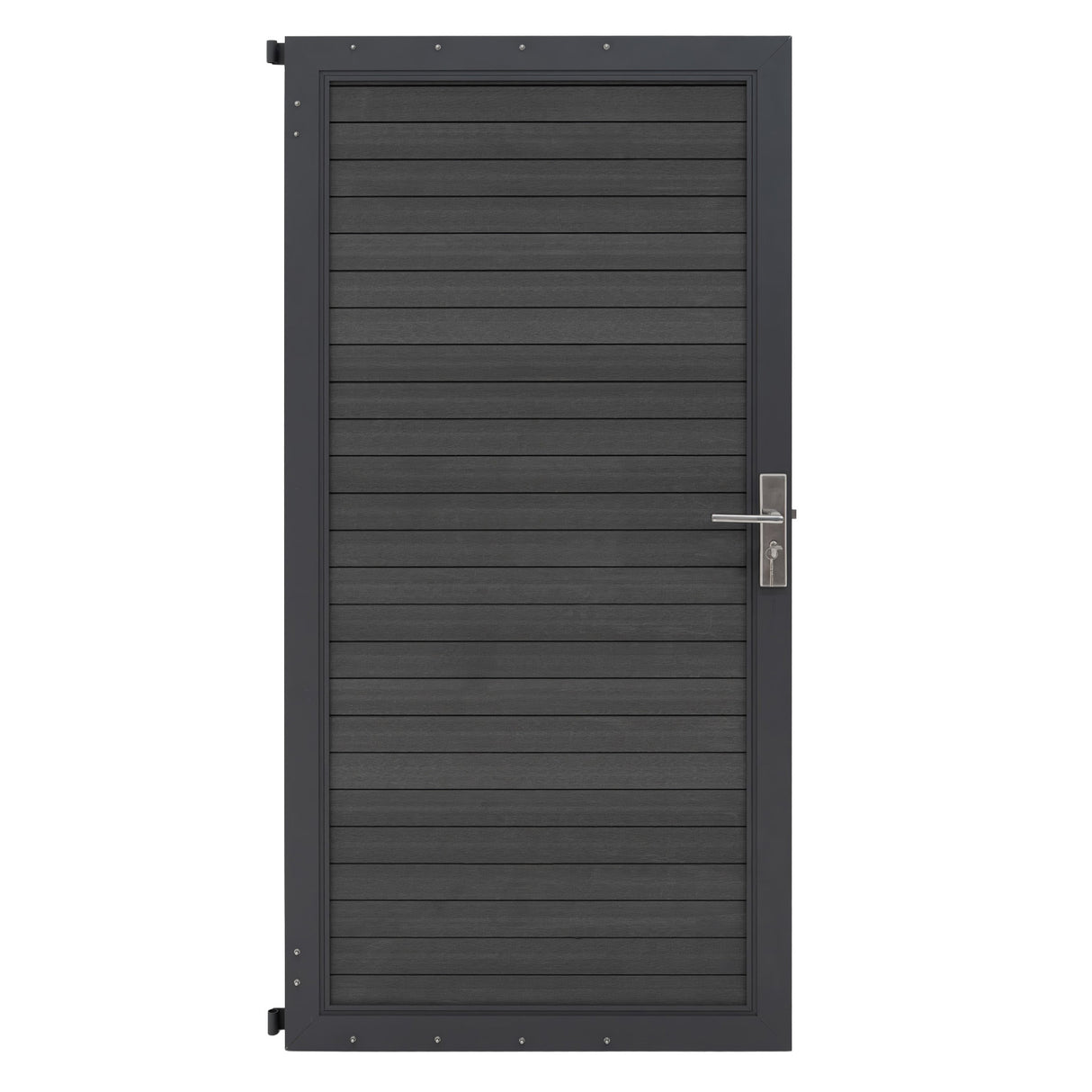 Porta da giardino in pannello ecolegno grigio, con finitura a doghe e maniglia in metallo lucido, design moderno e resistente