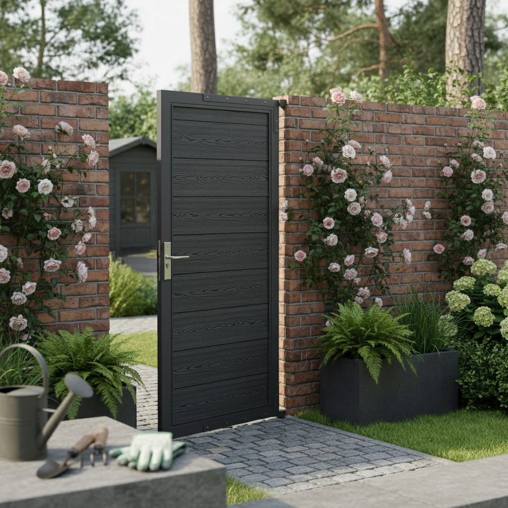 Porta da giardino in pannello ecolegno grigio, con texture legnosa, circondata da rose e piante verdi in un ambiente naturale elegante