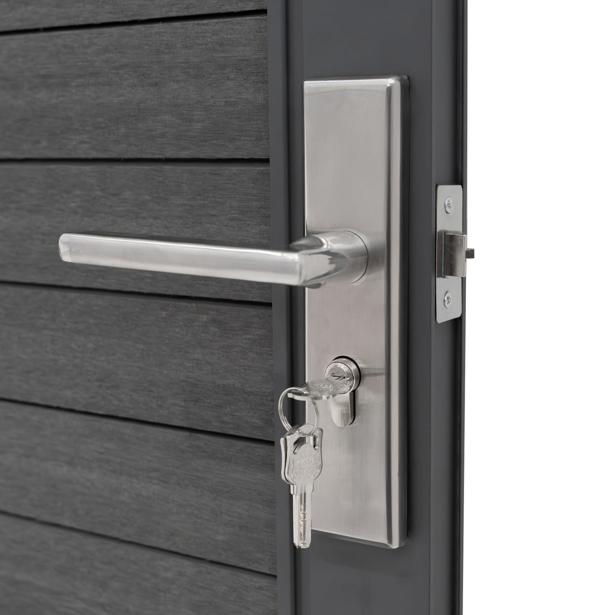 Porta da giardino in pannello ecolegno grigio con maniglia in acciaio inox e serratura, superficie liscia e linee moderne