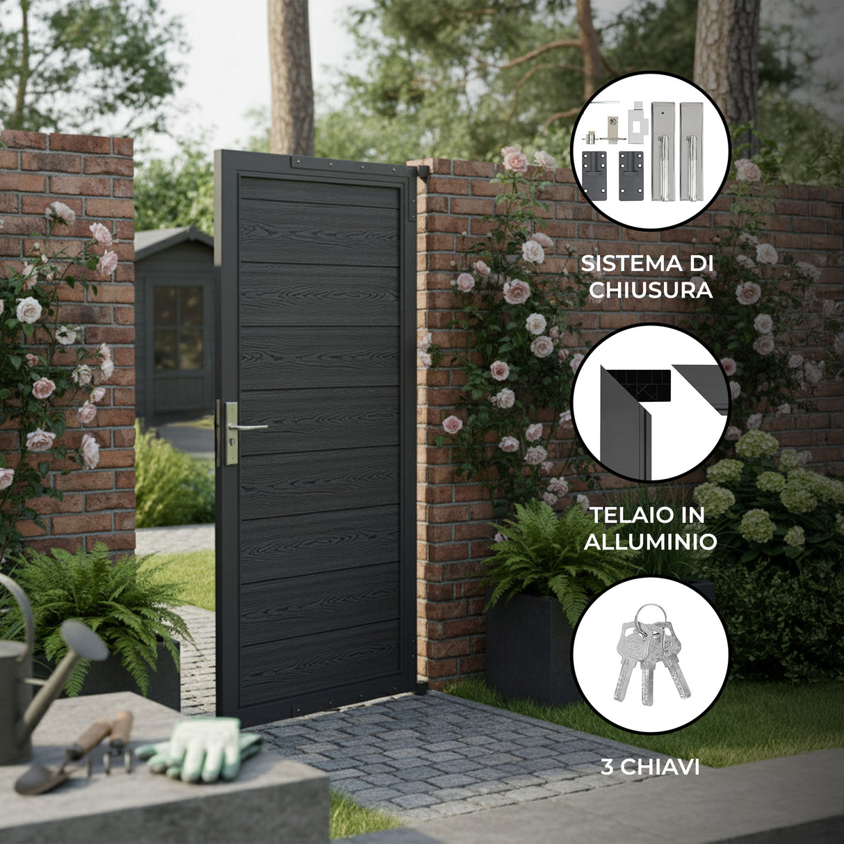 Porta da giardino in ecolegno grigio con pannelli, telaio in alluminio e sistema di chiusura, circondata da un muro di mattoni e piante fiorite