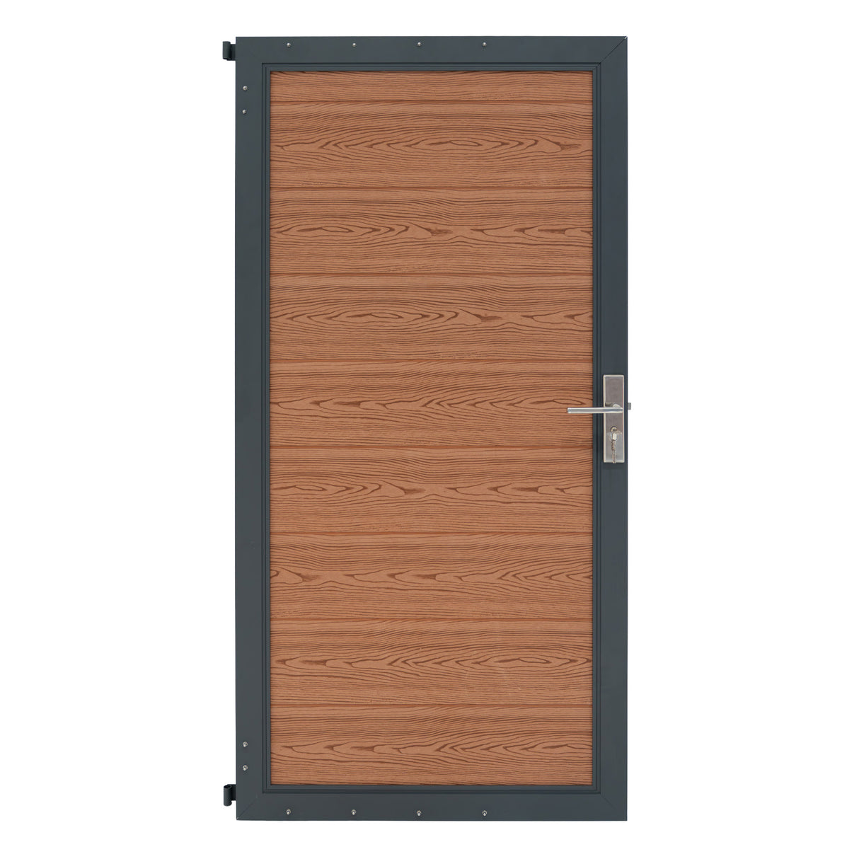 Porta da giardino in pannello ecolegno marrone con finitura liscia, cornice grigia e design elegante, ideale per esterni