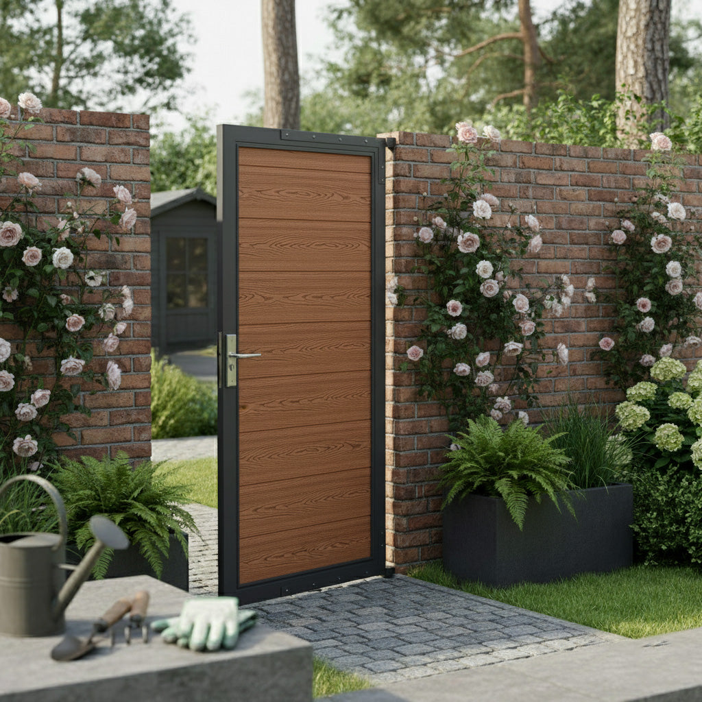 Porta da giardino in pannello ecolegno marrone, con finitura liscia, circondata da un muro di mattoni e piante verdi e fiorite