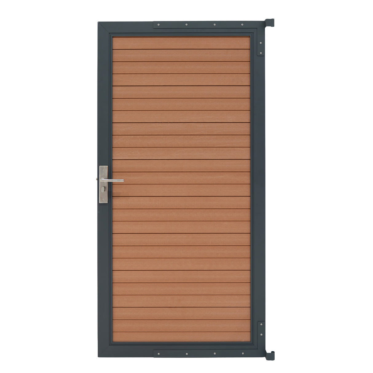 Porta da giardino in pannello ecolegno marrone con finitura liscia, cornice nera e maniglia in metallo lucido, design moderno e resistente