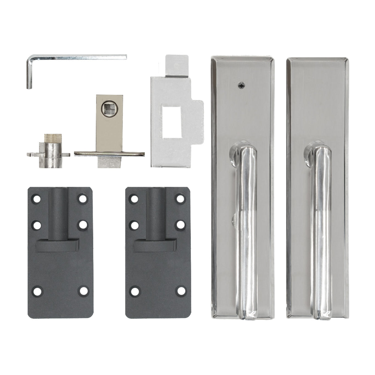 Set di accessori per porta da giardino in pannello ecolegno marrone, include maniglie, cerniere e meccanismi di chiusura in metallo lucido