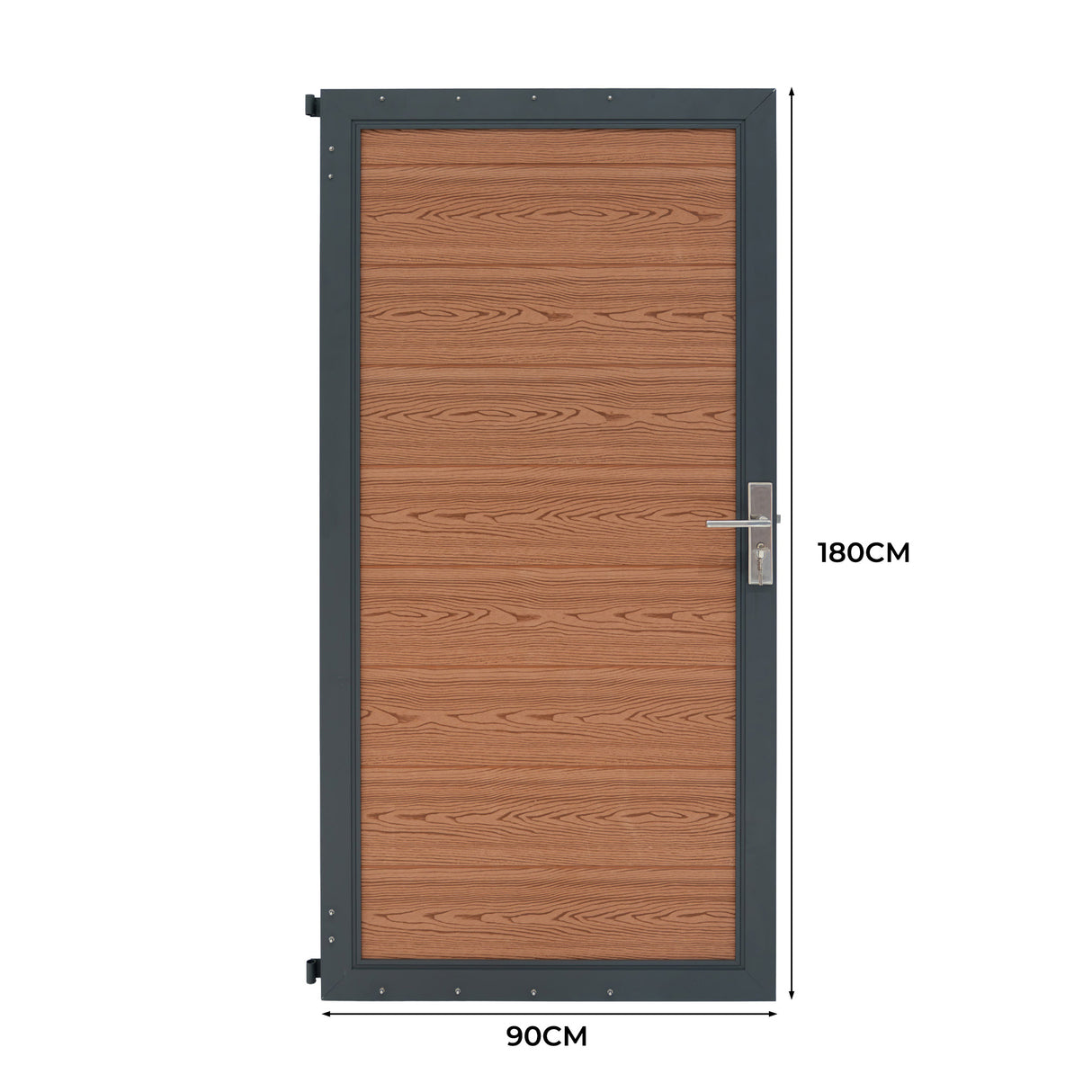 Porta da giardino in pannello ecolegno marrone, con texture legnosa e cornice nera, dimensioni 90x180 cm, design elegante e moderno