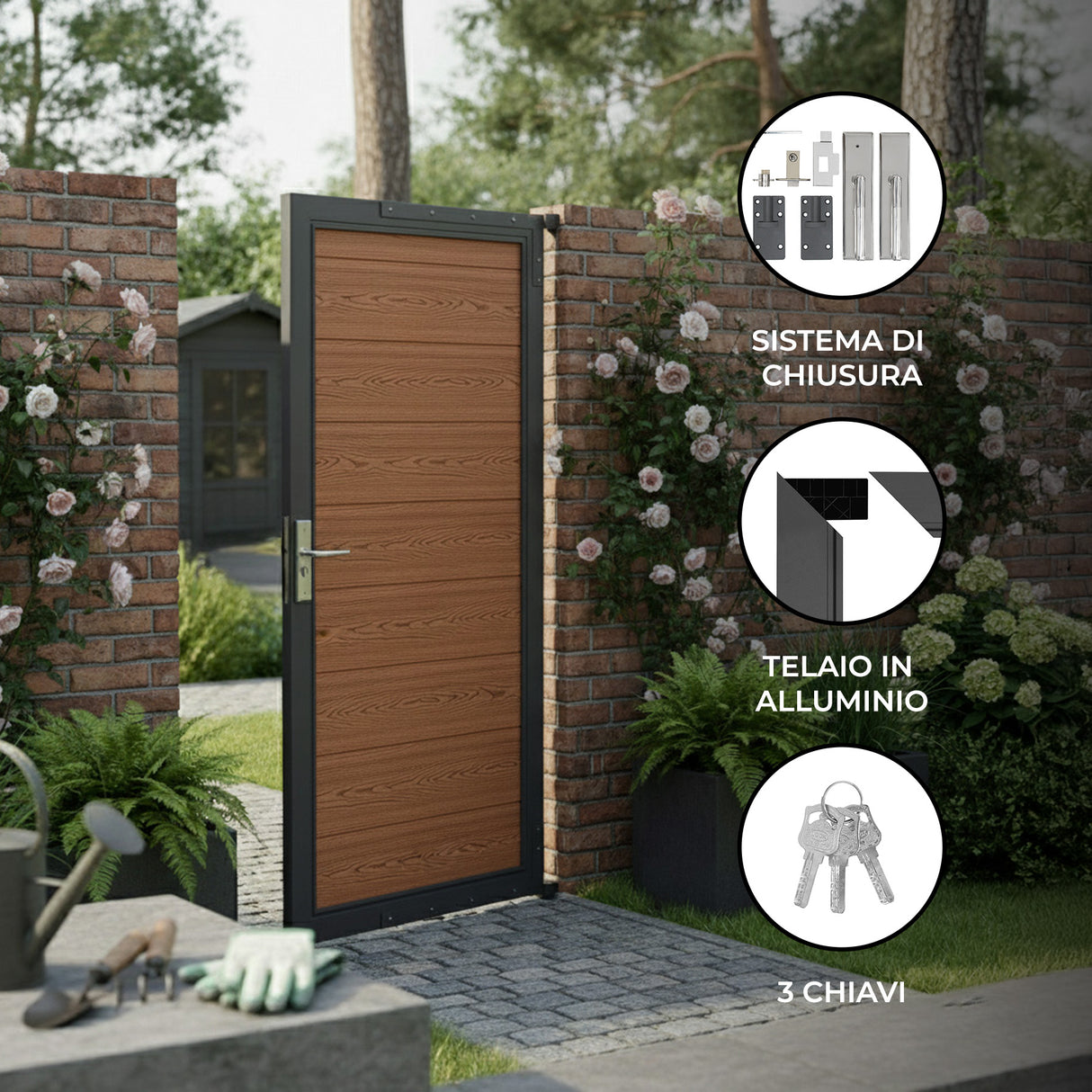 Porta da giardino in ecolegno marrone con finitura liscia, telaio in alluminio e sistema di chiusura sicuro, circondata da piante fiorite