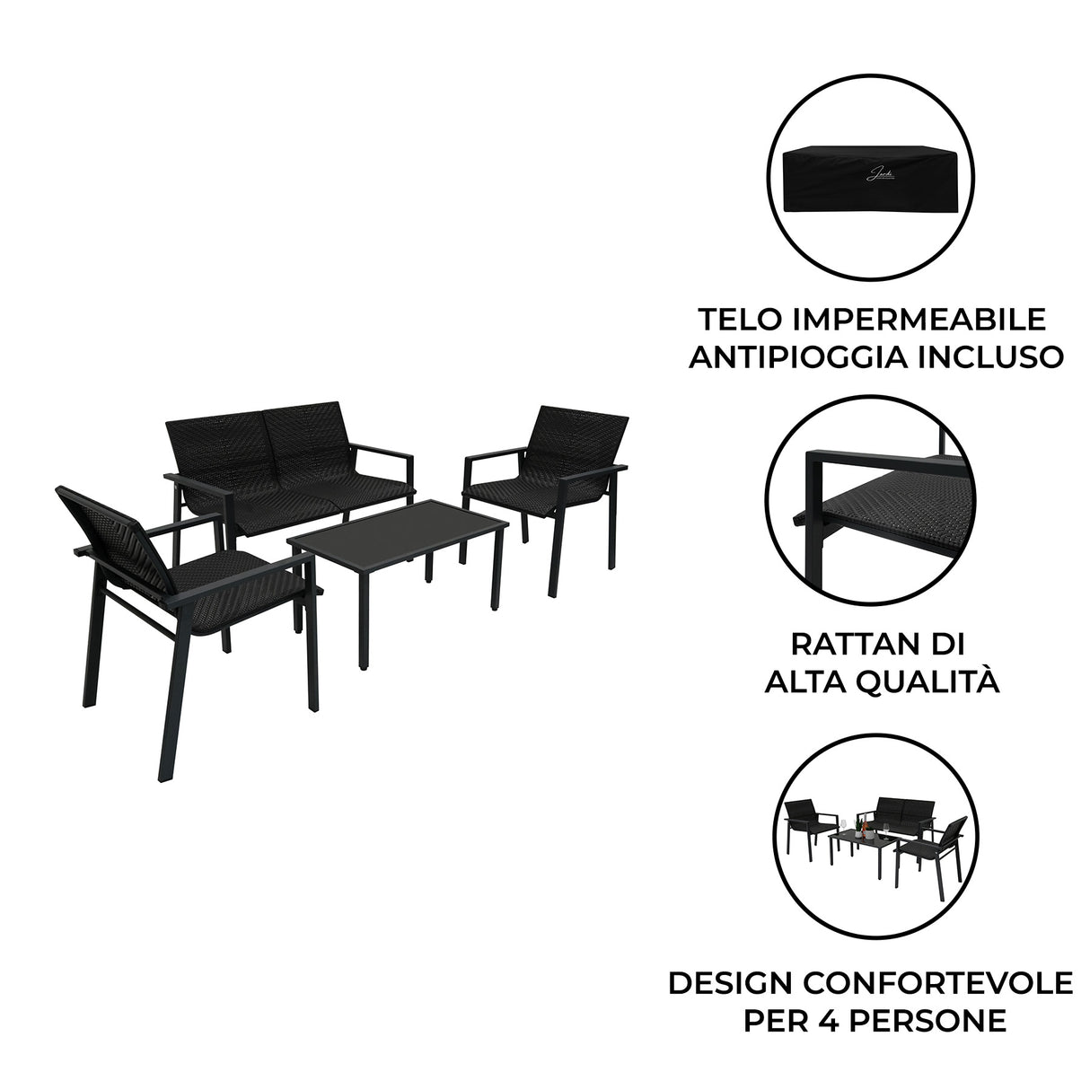 Set Mobili da Giardino in Rattan – 4 Pezzi – Nero