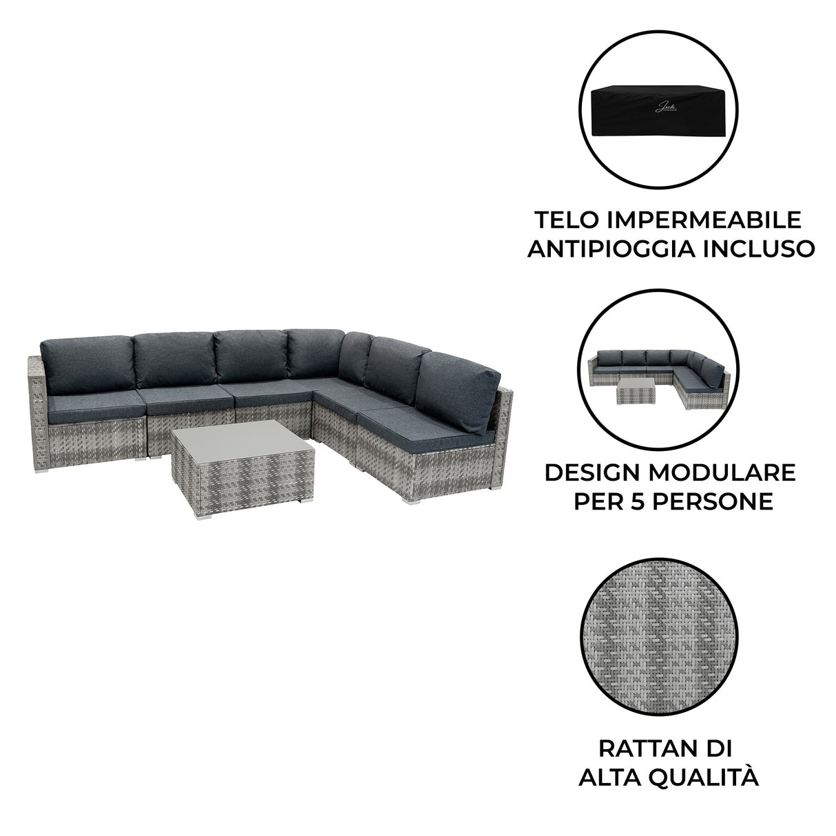 Set Mobili da Giardino 7 Pezzi in Rattan Grigio