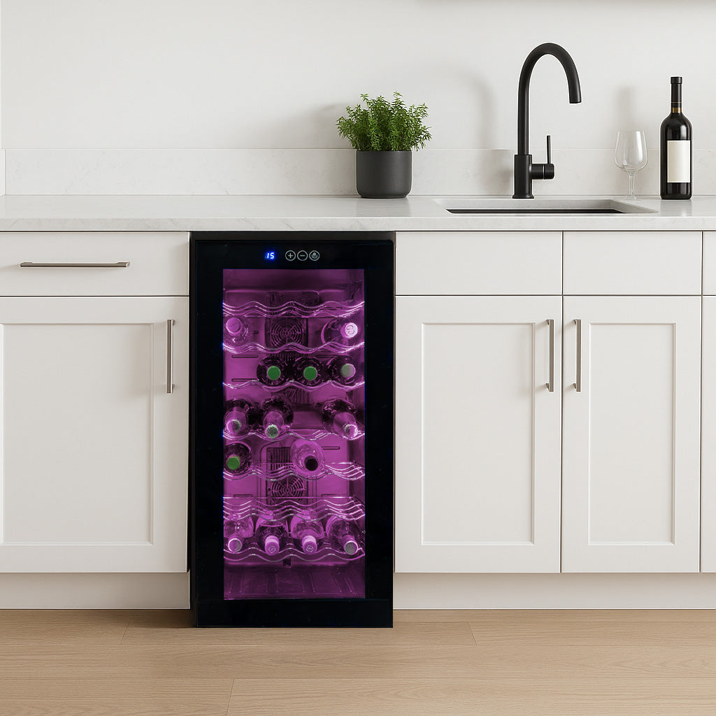Cantinetta frigo per vino Oriva con luci LED multicolore, design elegante, porta in vetro, ripiani in metallo, capacità per bottiglie multiple