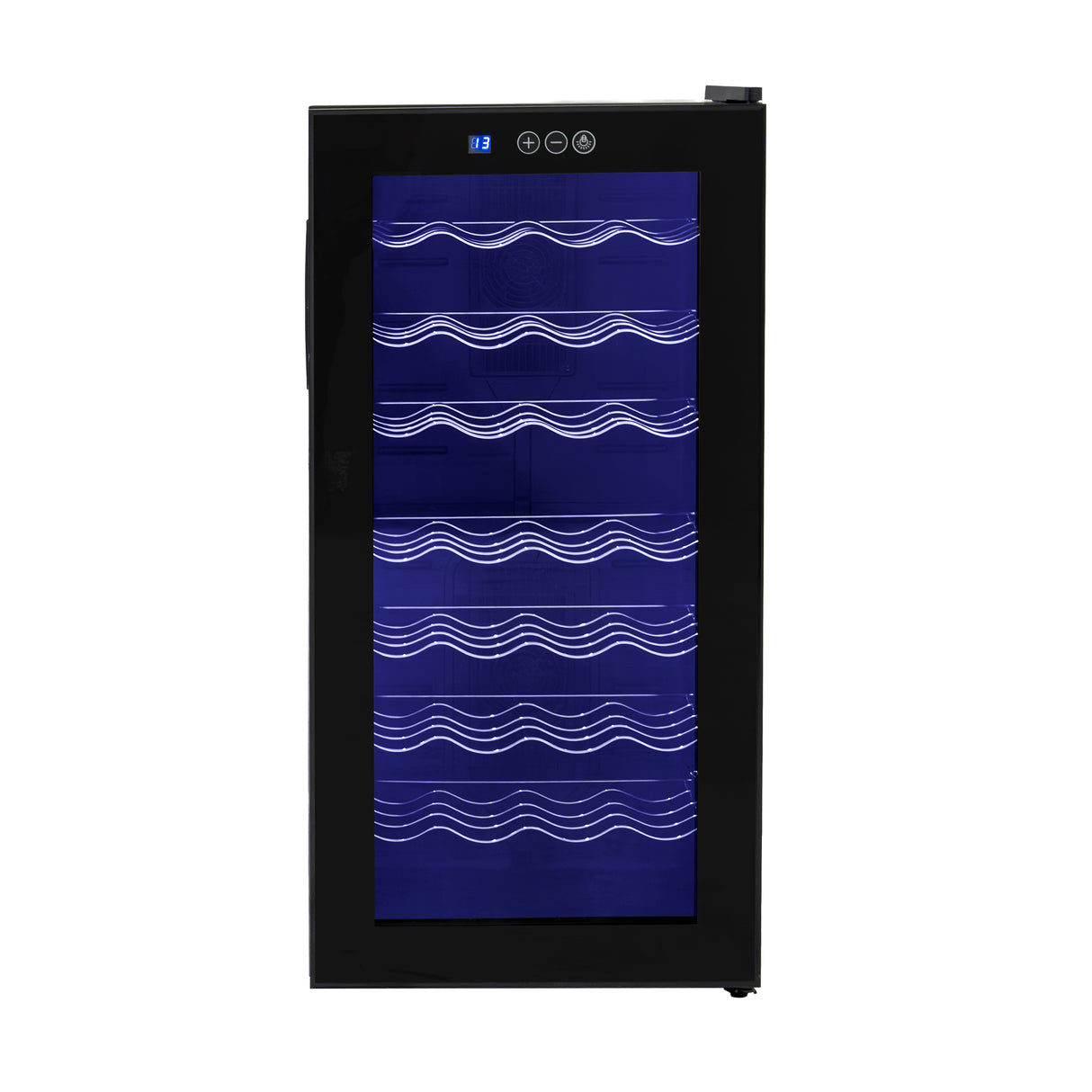 Cantinetta frigo per vino Oriva, design elegante con luci LED multicolore, porta in vetro scuro e ripiani in metallo ondulati