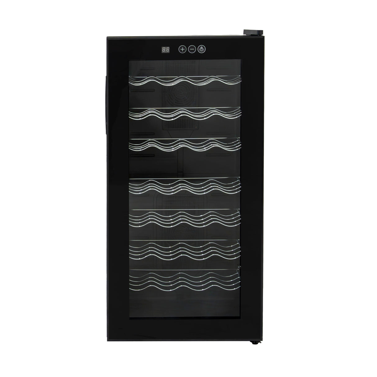 Cantinetta frigo per vino Oriva con finitura nera, luci LED multicolore e ripiani in metallo per una presentazione elegante delle bottiglie