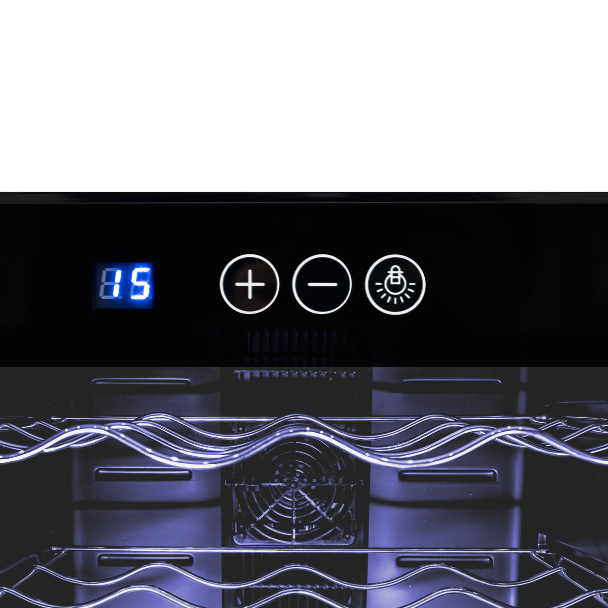 Cantinetta frigo per vino Oriva con luci LED multicolore, display digitale e ripiani in metallo curvato per una presentazione elegante