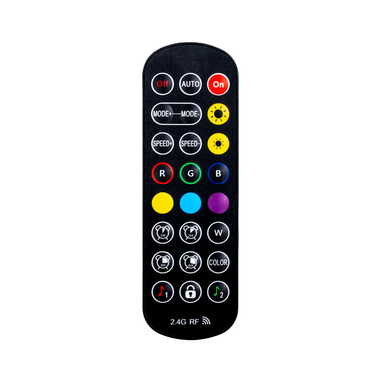Telecomando per cantinetta frigo vino Oriva, con tasti colorati per controllare luci LED multicolore e modalità di illuminazione